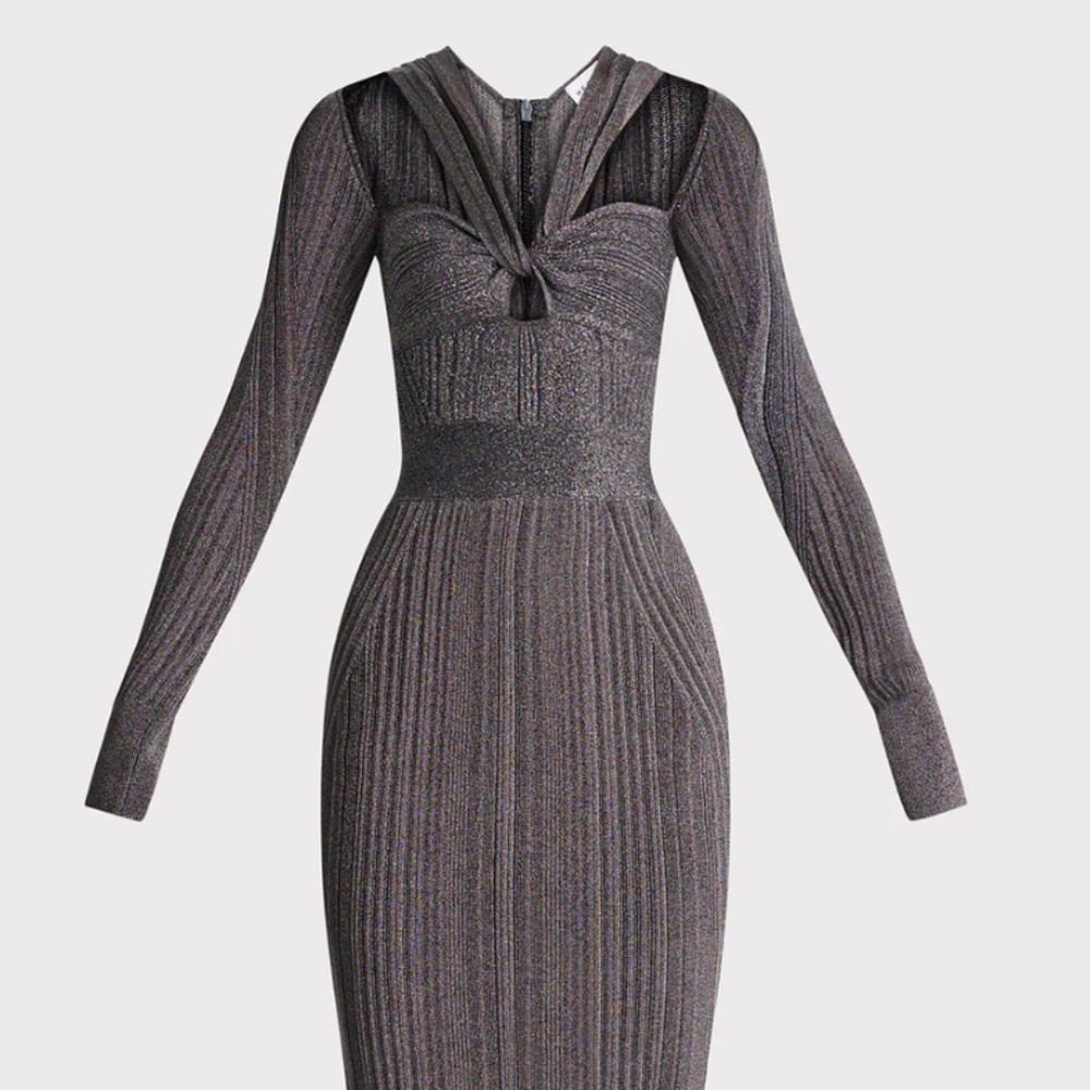 HERVE LEGER VARIEGATED RIB DRAPED METALLIC GOWN - Picture 3 of 7